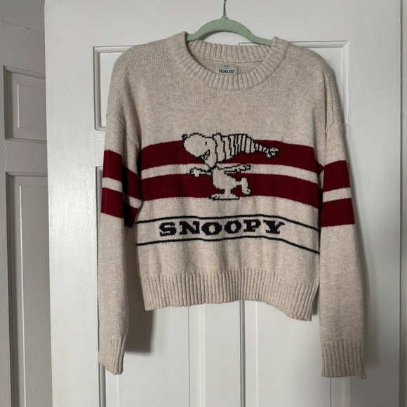 Peanuts Sweaters - AE x Peanuts Snoopy Striped Knit Sweater - Cream & Red